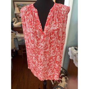 HM LOGG Womens Sleeveless Split V-Neck Blouse Orange Tropical Palm Leaf Print